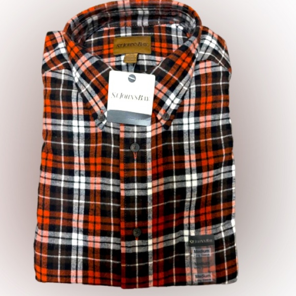 St John’s Bay  Spiced Orange Plaid Flannel Button Down Shirt Sz M New